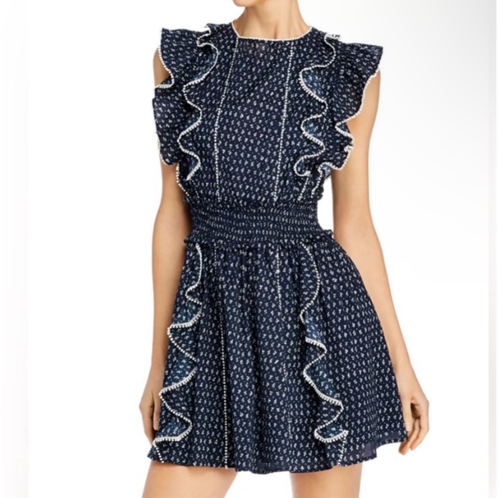 Rebecca Taylor La Vie Navy Blue & White Ikat Cottagecore Ruffled Mini Dress XL